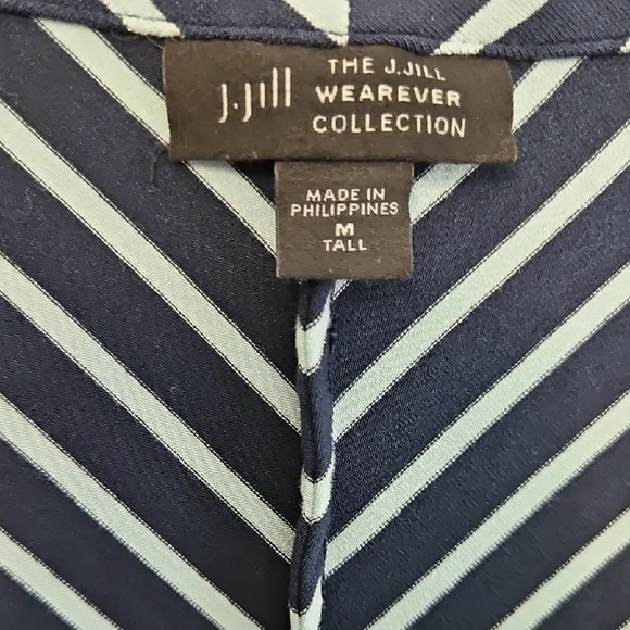 J Jill Wearever Navy Green Med Striped Long Sleeve Top Vneck - Picture 2 of 12